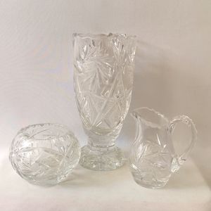 Vintage Three Piece Pinwheel and Stat Cut Glass Vase, Sugar Bowl and Creamer